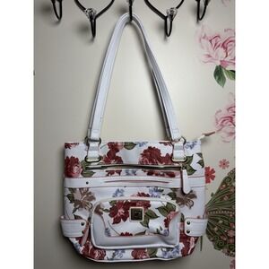 Stone & Co Floral Faux Leather Shoulder Tote Bag White Pink Roses